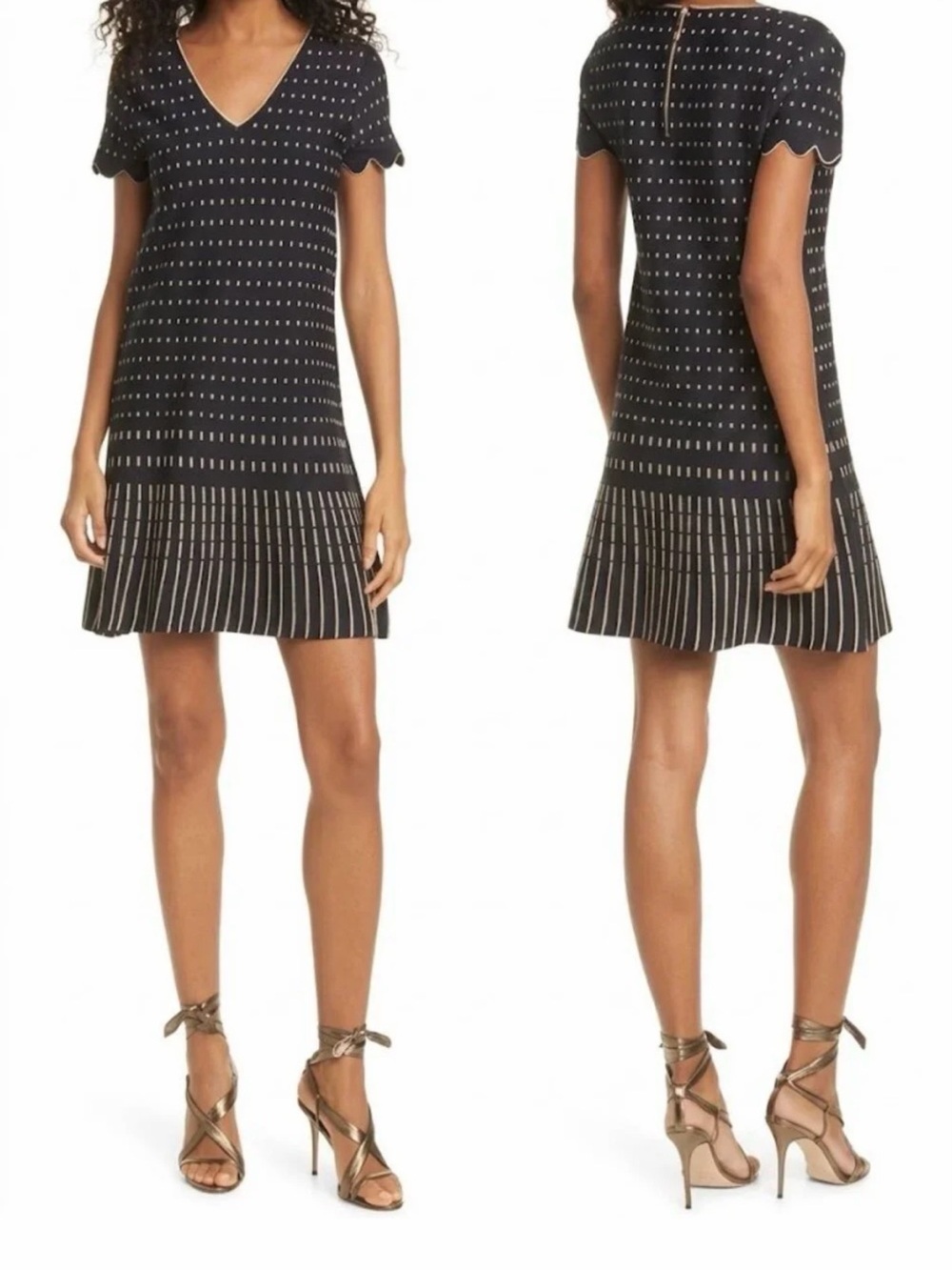 Ted Baker London Black Mini Dress with Cream Dot & Stripe Accents